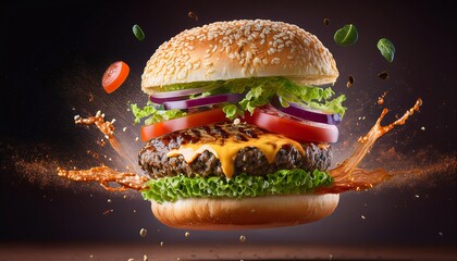 Epic Floating Gourmet Burger with Explosive Flavor