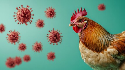A chicken stands against a green backdrop while virus particles are flying around, highlighting animals health issues