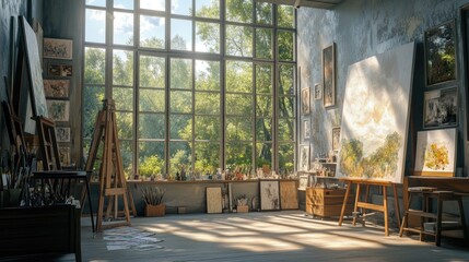 An artists studio with large windows allowing natural light to flood in, illuminating canvases and paint supplies, capturing the essence of creativity.