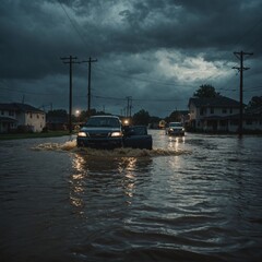 Catastrophic rainstorm floods urban areas with severe damage to streets and buildings