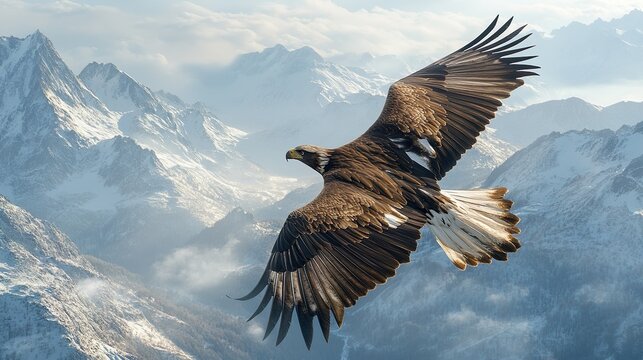 A majestic eagle flying gracefully over snow capped mountain peaks wallpaper