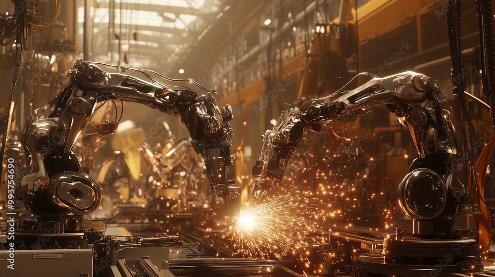 Aufkleber in a busy car factory, robots expertly weld, merging modern tech with precise craftsmanship.