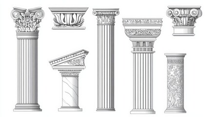 Obraz premium Vector icons depicting ancient Greek and Roman architecture, including line art illustrations of marble pillars, columns, and ornate cornices.
