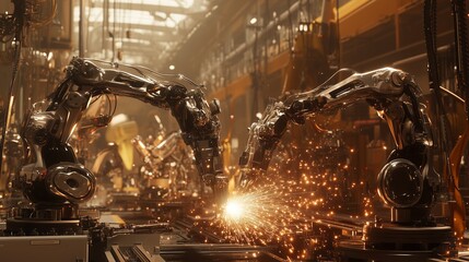 In a busy car factory, robots expertly weld, merging modern tech with precise craftsmanship.