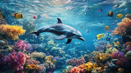 Obraz premium An underwater shot of a dolphin swimming alongside colorful coral reefs, surrounded by schools of fish, showcasing the vibrant life of the ocean.
