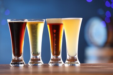 Glasses with different types of beer on wooden table against blue background, closeup