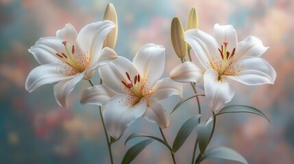 Fototapeta premium delicate branch of white lilies against a soft background of muted colors evoking a sense of mourning and tranquility with ample space for heartfelt messages on a condolence card