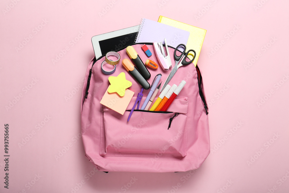 Sticker Backpack and different school stationery on pink background, top view