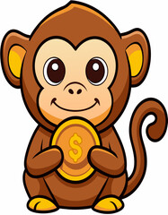 Cute Cartoon Monkey Holding a Coin