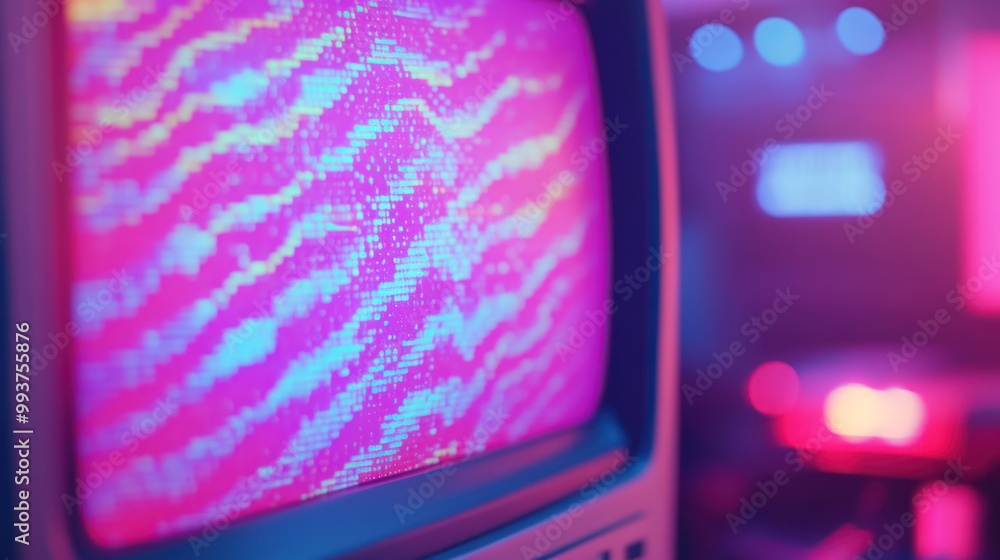 Poster a retro television displaying colorful static in a dimly lit environment.
