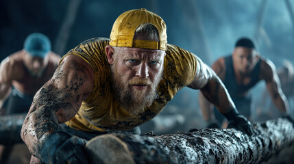 Intense workout scene featuring muscular man in yellow cap, pushing log with determination. atmosphere is gritty and focused, showcasing strength and perseverance. 