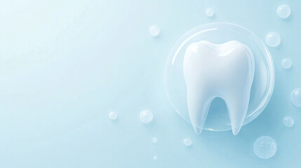 Dental health concept, tooth with a  protective bubble around it on a simple blue background. 