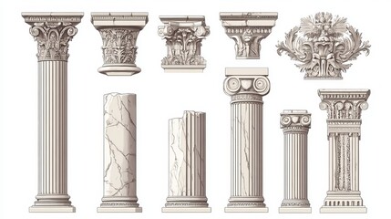 Obraz premium Vector icons depicting ancient Greek and Roman architecture, including line art illustrations of marble pillars, columns, and ornate cornices.