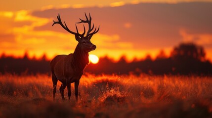 Silhouetted Red Deer during the annual deer rut in Europe,