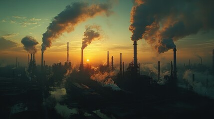 Industrial Sunset with Smoke Stacks and Pollution