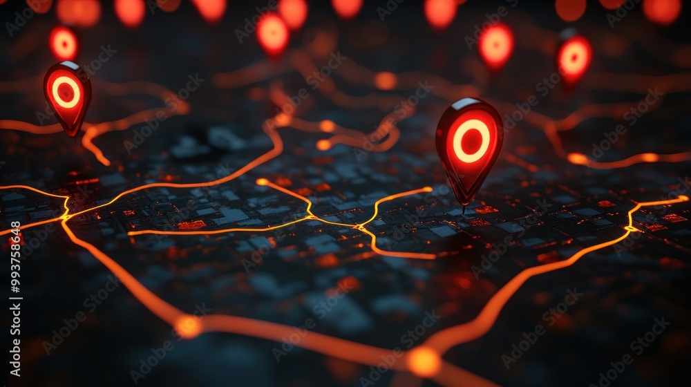 Aufkleber a digital map with glowing markers indicating locations and pathways.