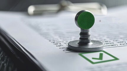 Close-up of a document with a green check mark stamp on it, indicating approval or compliance with specified standards.