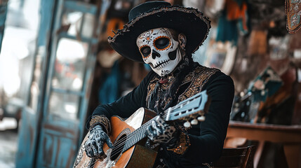 Fototapeta premium Male sugar skull maricahi playing guitar