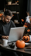 Professional in a Spooky Office: Halloween Decor with Cobwebs, Pumpkins, and Bats