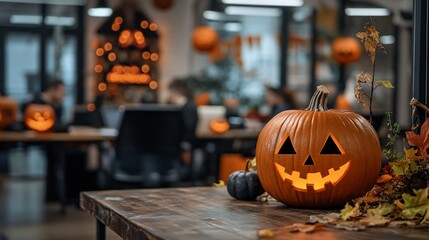 Fototapeta premium Spooky Business Affairs: Professional Office interior Celebrates Halloween with Costumes and Decor