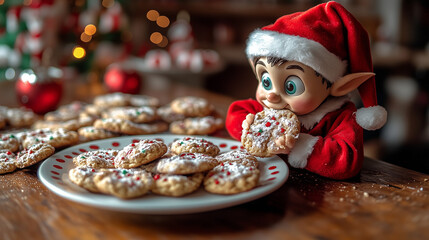Cute Christmas Elf Eating Cookies on Festive Table

