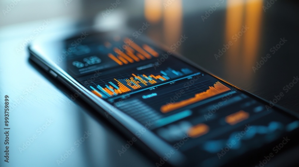 Poster A smartphone displaying financial data with graphs and statistics.