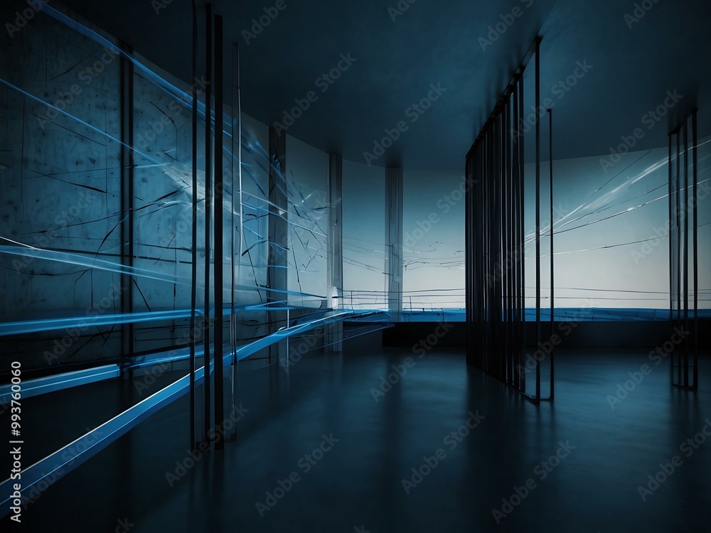 Poster abstract shapes and lines in blue creating artistic designs.