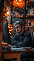 Obraz premium Spooky Office Setup: Business Professional with Festive Halloween Decor and Organizational Items