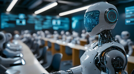 Futuristic Classroom with Robot Teachers