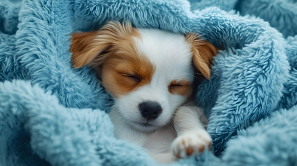 Small Puppy Sleeping in Blue Fluffy Blanket