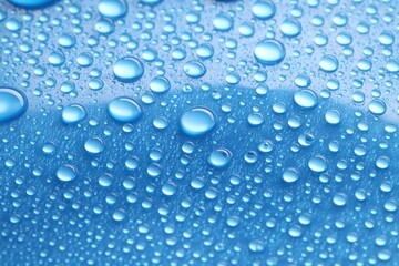 Water drops on blue background, closeup view