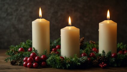 Advent wreaths with four burning candles.