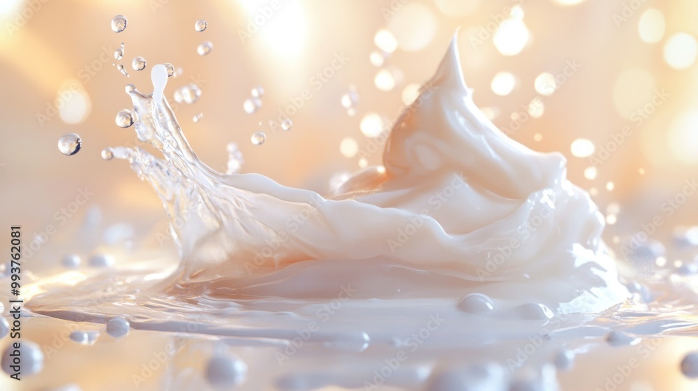Poster a dynamic splash of cream or milk with droplets, showcasing fluid motion and texture.