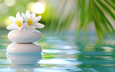 Zen stones with flowers in tranquil water background.