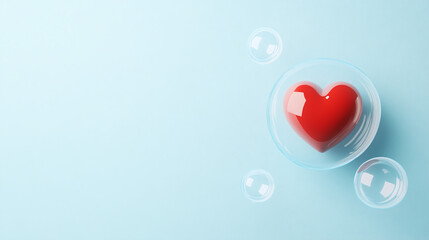 Mental health concept, red heart with a protective bubble around it on a simple blue background. 