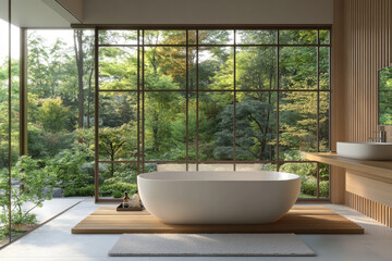 Fototapeta premium A minimalist bathroom with an oversized freestanding bathtub, large windows showcasing the lush greenery of Japanese-style gardens outside