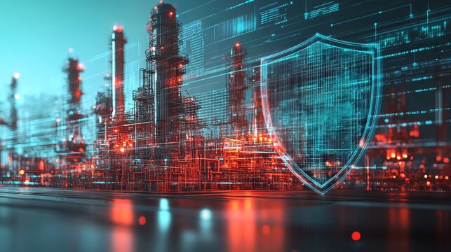 Digital Shield Over Oil Plant with Data Stream Background. AI generated illustration