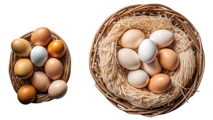Two wicker baskets containing eggs of different colors are placed next to each other in front of a transparent background. The baskets are filled with straw, giving the picture a rustic effect. AI gen