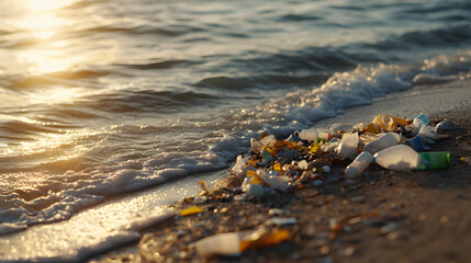 Obraz premium Beach Cleanup with Volunteers and Ocean Waves