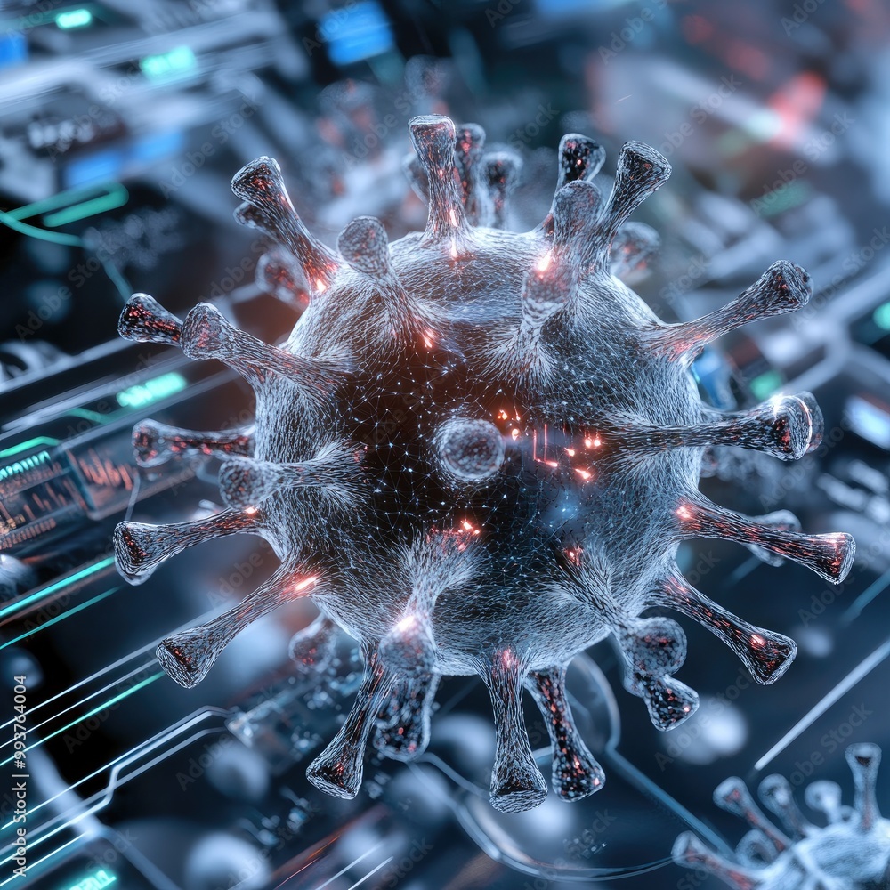 Poster a detailed 3d rendering of a virus, showcasing intricate structures and digital effects, symbolizing