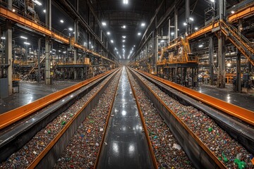 Conveyor Belts Carrying Recycled Plastic in a Factory