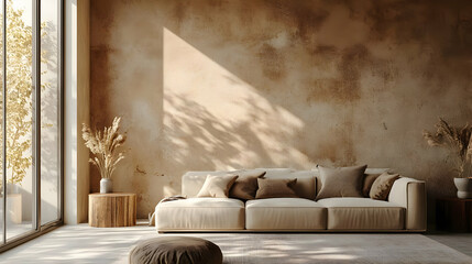 Modern Living Room Interior Design with Beige Sofa and Sunbeams - 3D Illustration