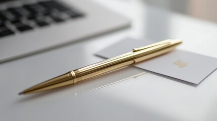 Fototapeta premium A gold pen rests on a white business card beside a laptop, symbolizing professionalism.