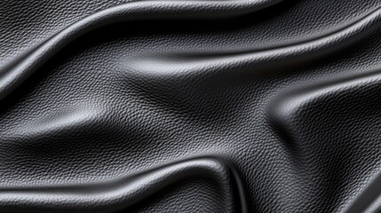 A close-up of black leather with a smooth, textured surface, displaying soft folds and curves under gentle light.