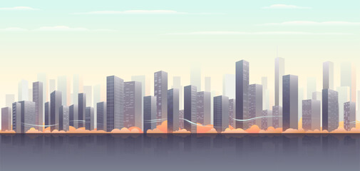 Fototapeta premium Colorful Autumn cityscape. Urban landscape background with houses. Modern street area. Outside town homes panorama on skyline. Vector illustration