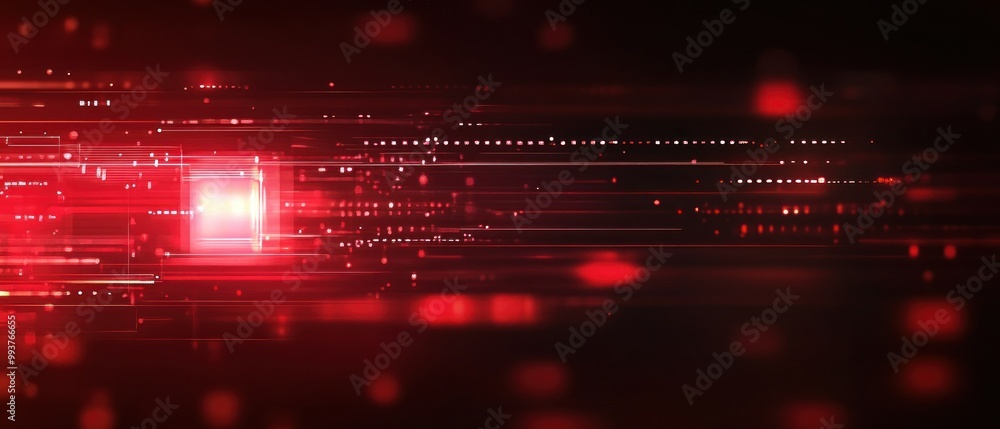 Poster abstract digital background with red light streaks and glowing particles.