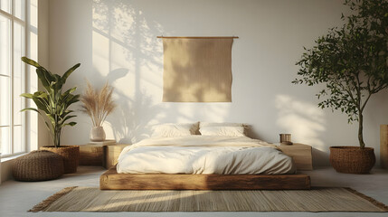 Minimalist Bedroom Interior Design with Wooden Bed and Natural Elements - 3D Illustration