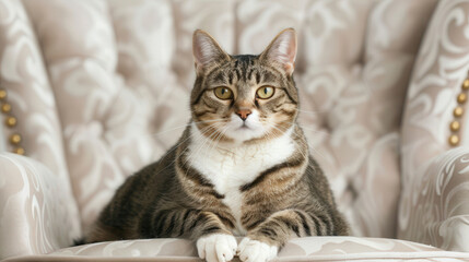 Obraz premium Majestic cat on a throne-like chair, exuding regal elegance, commanding attention with a poised demeanor, surrounded by ample space for captivating storytelling.