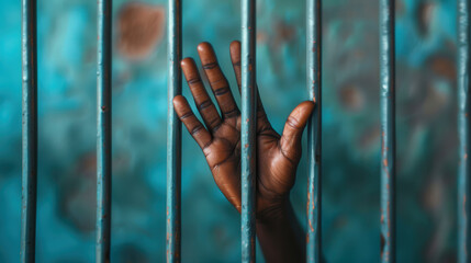 Hand grasping at prison bars, a poignant symbol of desperation, yearning for liberation, capturing the essence of confinement and the deep desire for escape.