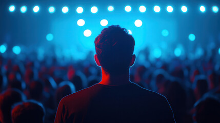 Vibrant Concert Atmosphere, an energetic crowd immersed in pulsating stage lights, perfect for capturing the essence of live music and entertainment, ample space for additional text